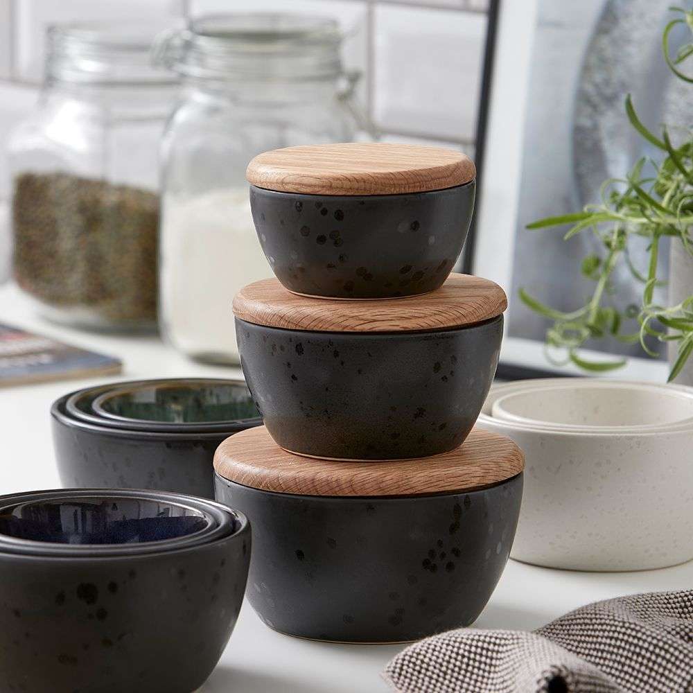 Stoneware Bowl With Lid Set 3 Pcs Black, Green Q9143