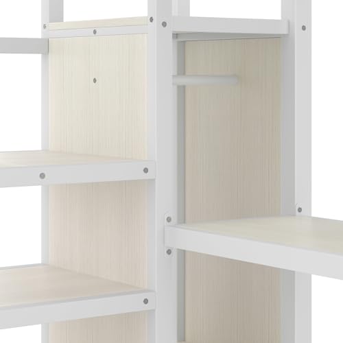 Queen Size White Wood Grain Metal Loft Bed with Desk and Wardrobe D574078