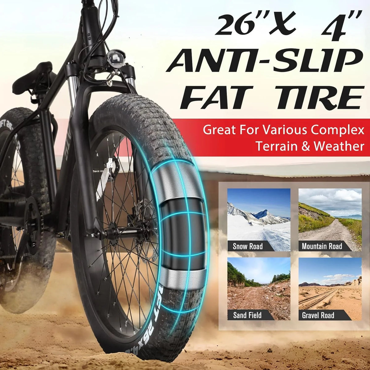 26" x 4.0 Fat Tire 1000W Electric Mountain Bicycle E106