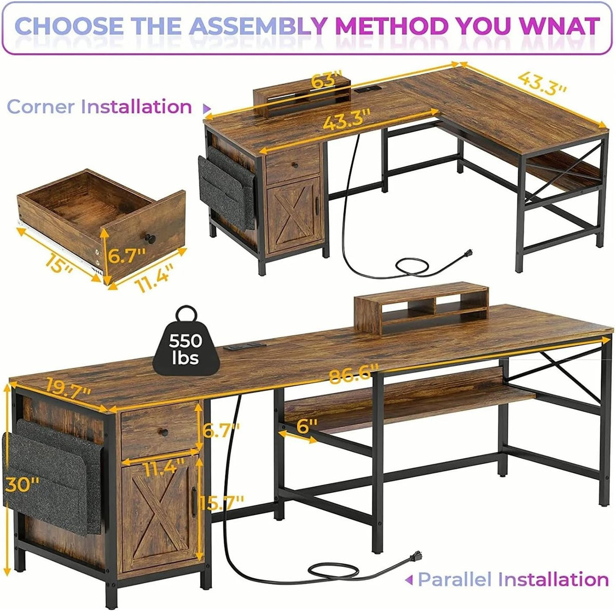 Rustic Brown L Shaped Computer Desk with Monitor Stand Storage Drawer Metal Wood 86.6”L x 19.7”W x 30”H H443