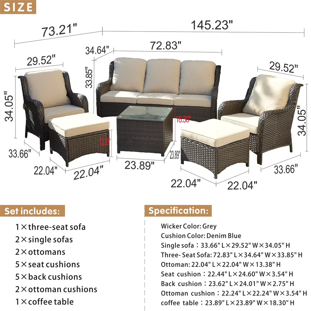 6 Pieces Wicker Outdoor Patio Furniture Set with Cushions P58548