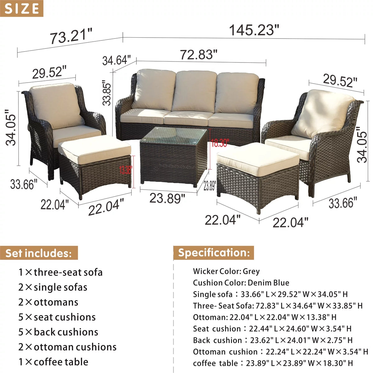 6 Pieces Wicker Outdoor Patio Furniture Set with Cushions P58548