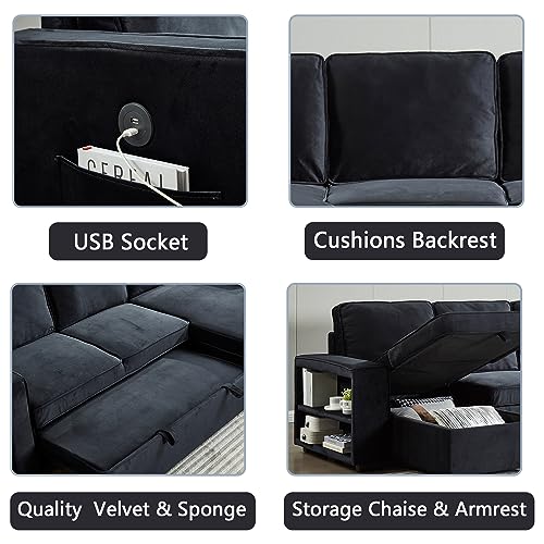 Brown Velvet L-Shaped Sectional Sofa with Storage Chaise H5550