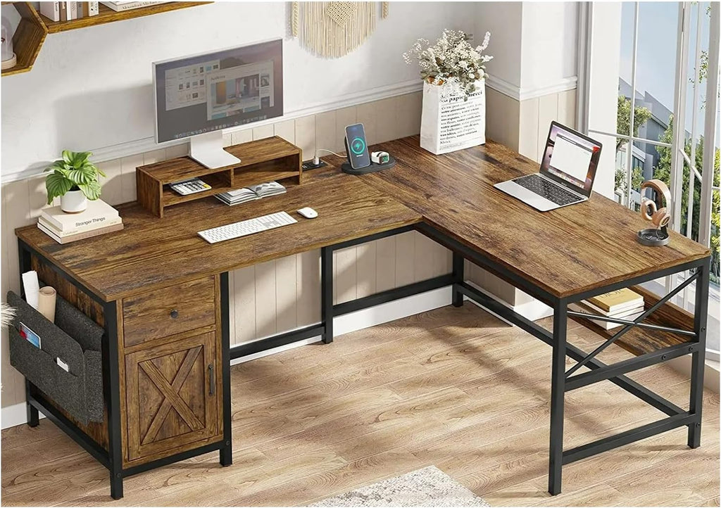 Rustic Brown L Shaped Computer Desk with Monitor Stand Storage Drawer Metal Wood 86.6”L x 19.7”W x 30”H H443
