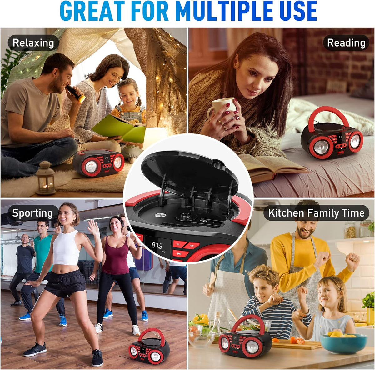 Red Black Portable CD Player Bluetooth Boombox Speaker W113726