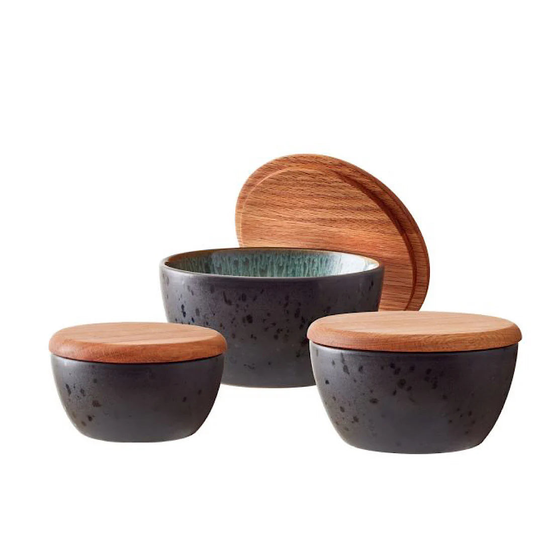 Stoneware Bowl With Lid Set 3 Pcs Black, Green Q9143