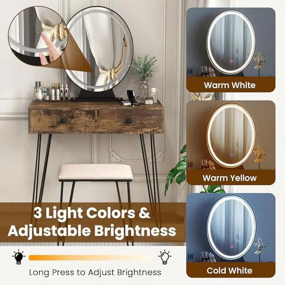 Vanity Desk with Mirror and Lights Makeup Dressing Table Set with Stool Q418344