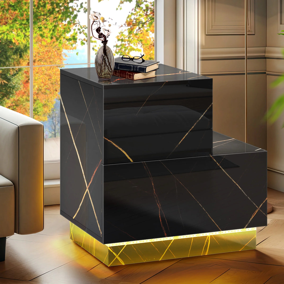 Set of 2 LED Nightstand with 2 Drawers E370535