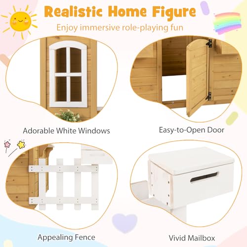 Fir Wood Outdoor Playhouse with Bench, Mailbox, Fence, Windows & Door E496