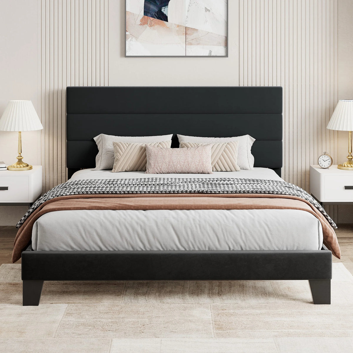 Full Size Platform Bed Frame with Upholstered Fabric Headboard F715534