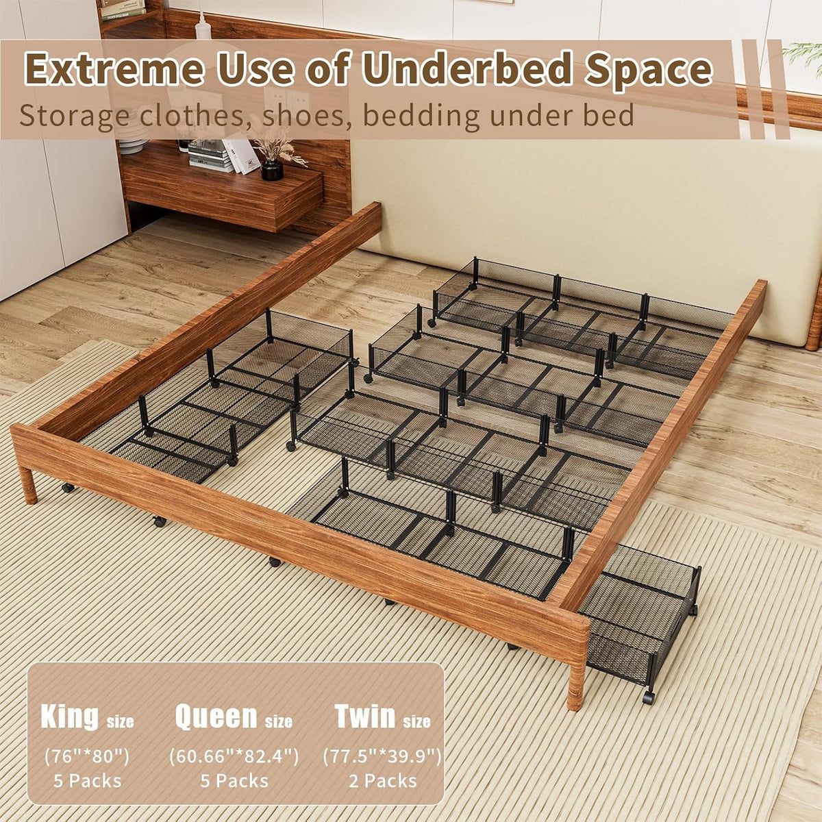 47.2'' Long Under Bed Storage on Wheels, 57.6L Large Capacity Foldable Drawers N64804