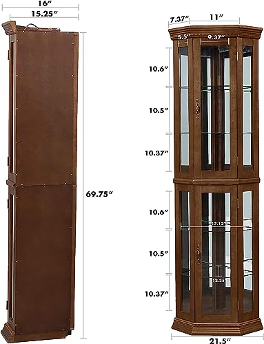 Walnut Wooden Corner Curio Cabinet with Adjustable Tempered Glass Shelves H143008