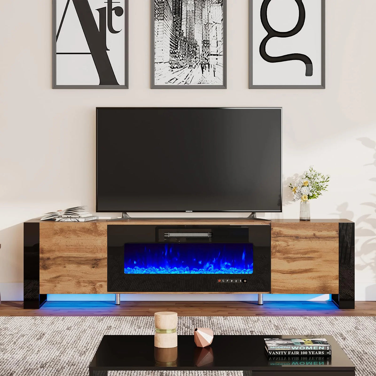 80" Fireplace TV Stand with LED Lights, Rustic Oak K701502