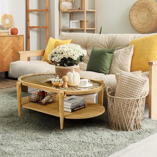 2-Tier Round Rattan Coffee Table with Tempered Glass Top and Wood Legs C881473