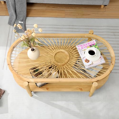 2-Tier Round Rattan Coffee Table with Tempered Glass Top and Wood Legs C881473