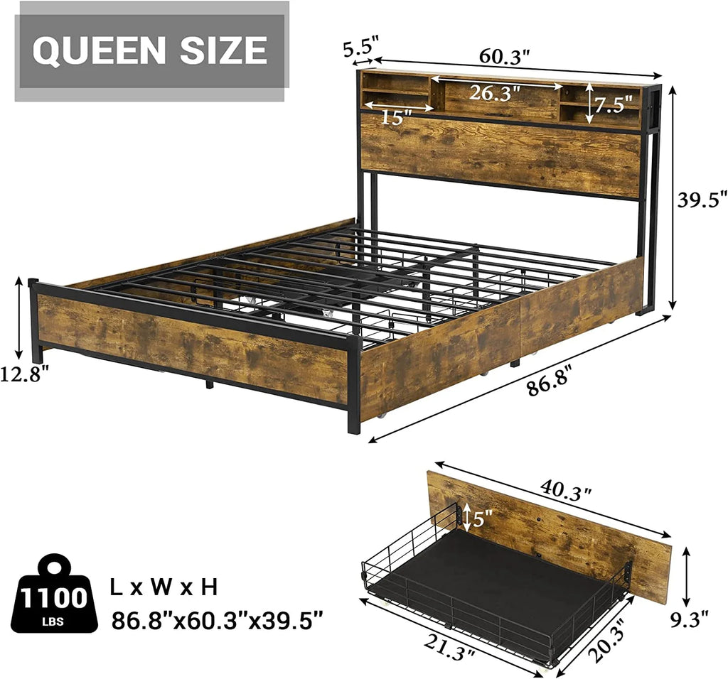 Queen Bed Frame with Headboard and Drawers A914278