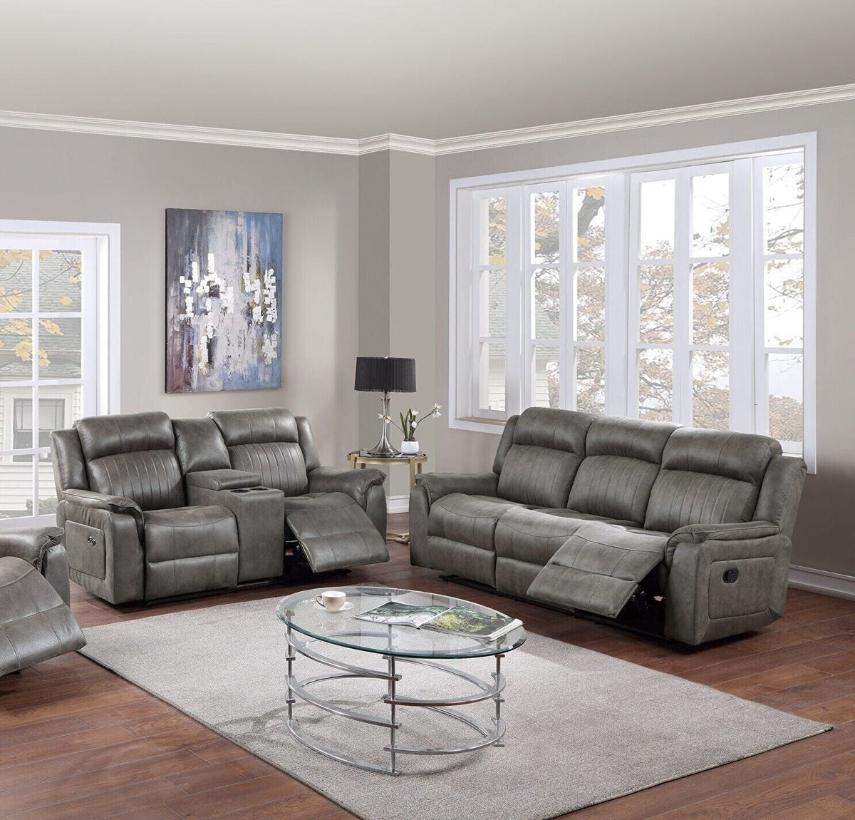 Slate Blue Leatherette Power Motion Reclining Sofa Set C203