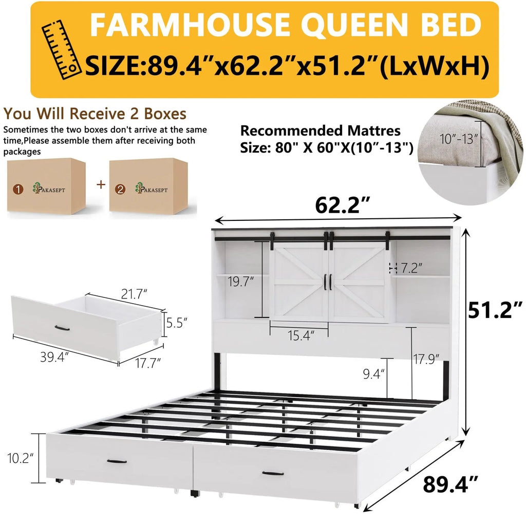 Queen Size Wooden Platform Bed Frame with Bookcase Headboard Q27990