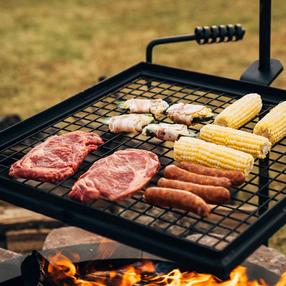 Adjustable Swivel Grill with Steel Mesh Wire Cooking Grate and Spike Pole W69953