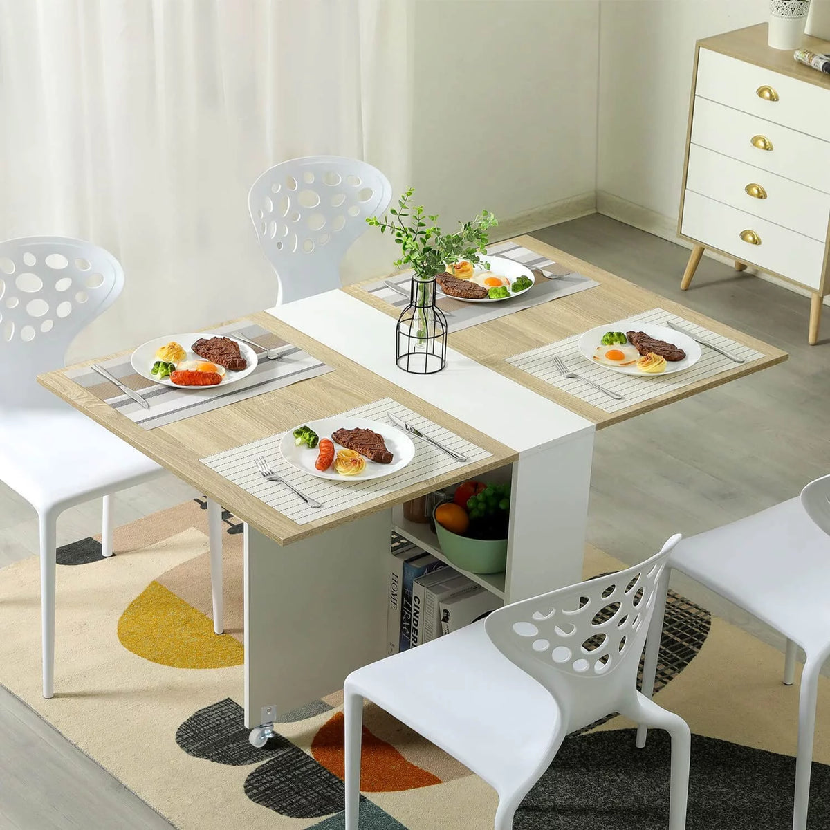 Folding Dining Table with 6 Wheels and 2 Storage Racks N908