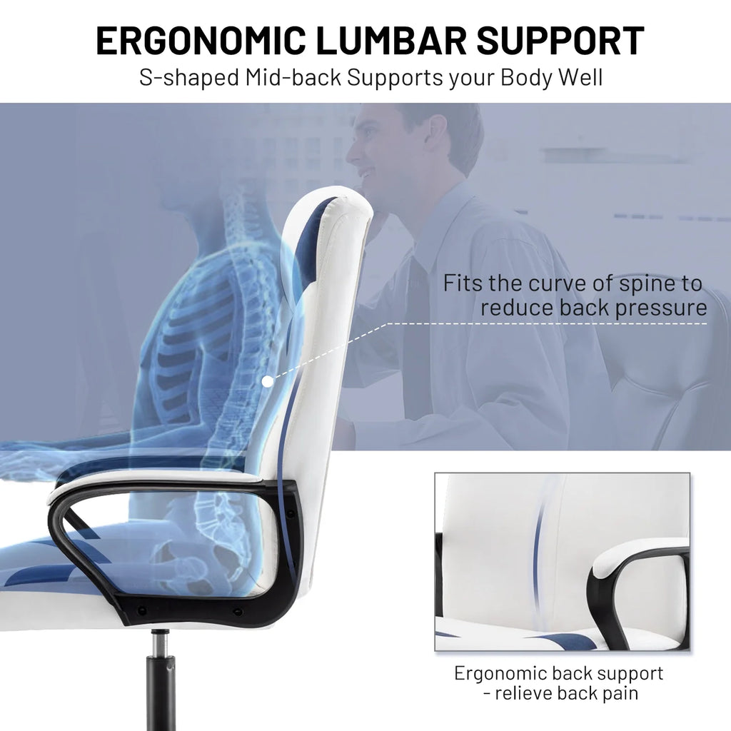 Adjustable High Back Leather Swivel Office Chair with Wheels, White and Blue W401262