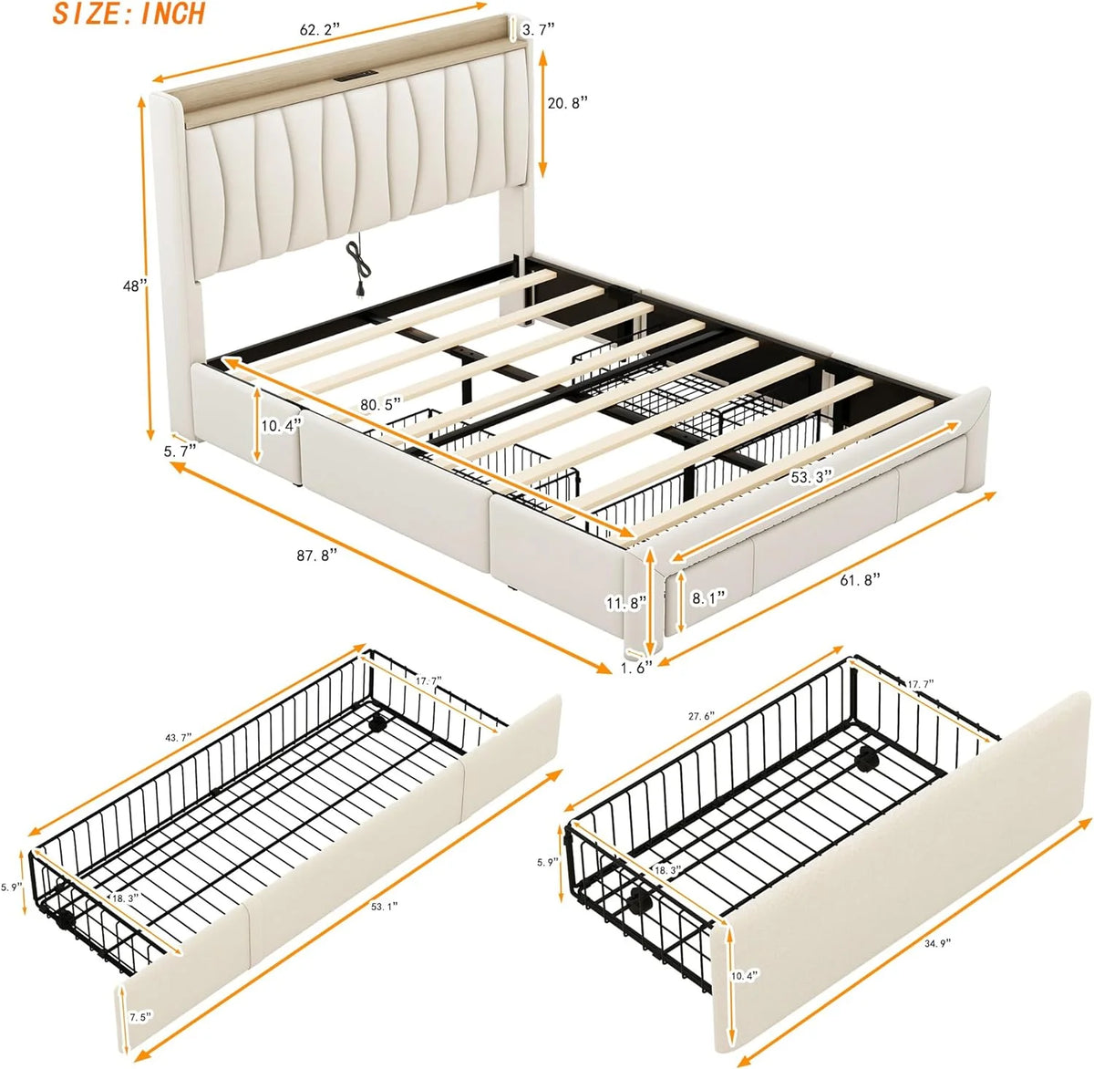 Wood Platform Bed Frame with 3 Drawers H910