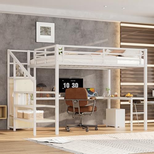 Queen Size White Wood Grain Metal Loft Bed with Desk and Wardrobe D574078