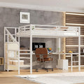 Queen Size White Wood Grain Metal Loft Bed with Desk and Wardrobe D574078
