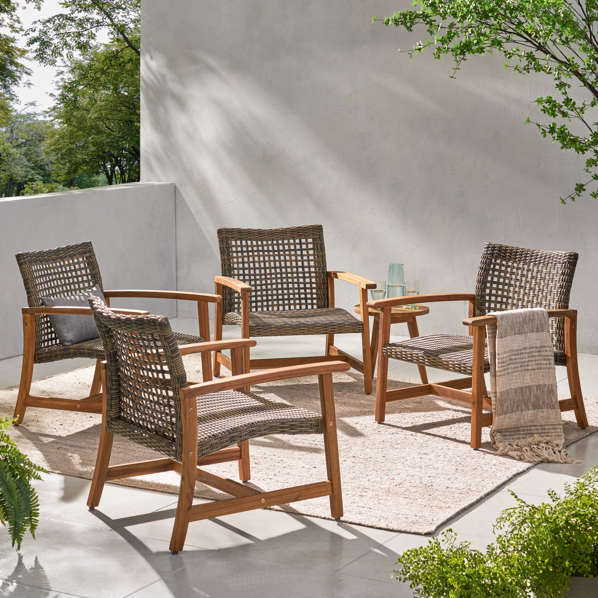 Mid Century Wicker Club Chairs with Acacia Wood Frame, Grey H9657