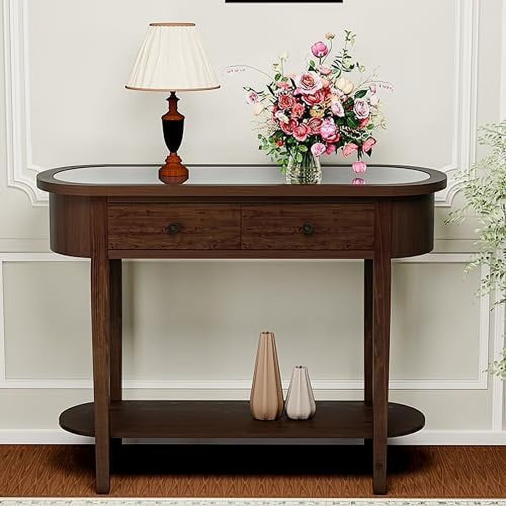 Half-Round Entryway Table with Solid MDF Board Glass Table Top Console Table 15.7" D x 40" W x 30.5" H R412653