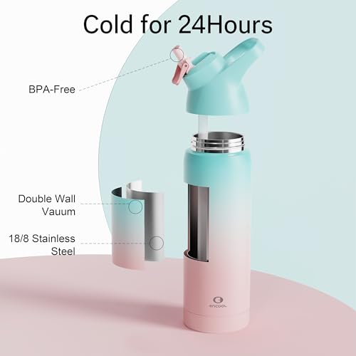 24 oz Black Insulated Stainless Steel Water Bottle with Straw A415