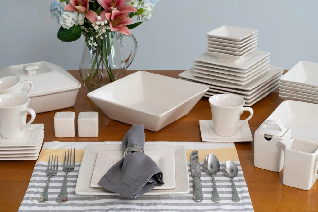 45-Piece Cream White Stoneware Dinnerware Set I54899