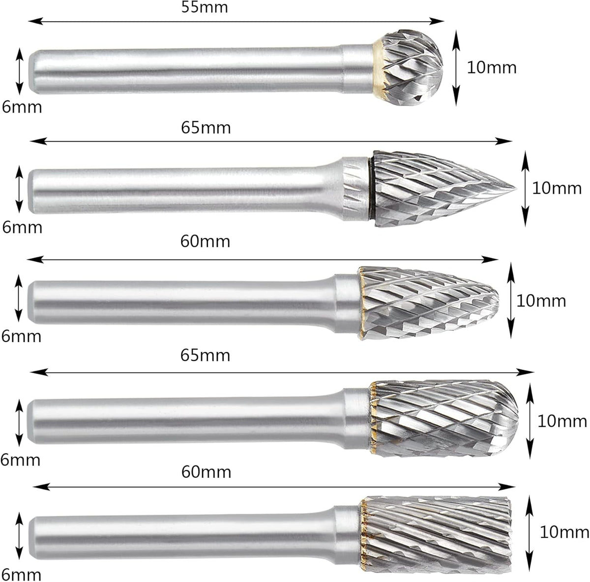 Double Cut Carbide Burr Set, 1/4 Inch Shank, 10MM Head, Solid Carbide Rotary Burr File Set, Pack of 2 F51897