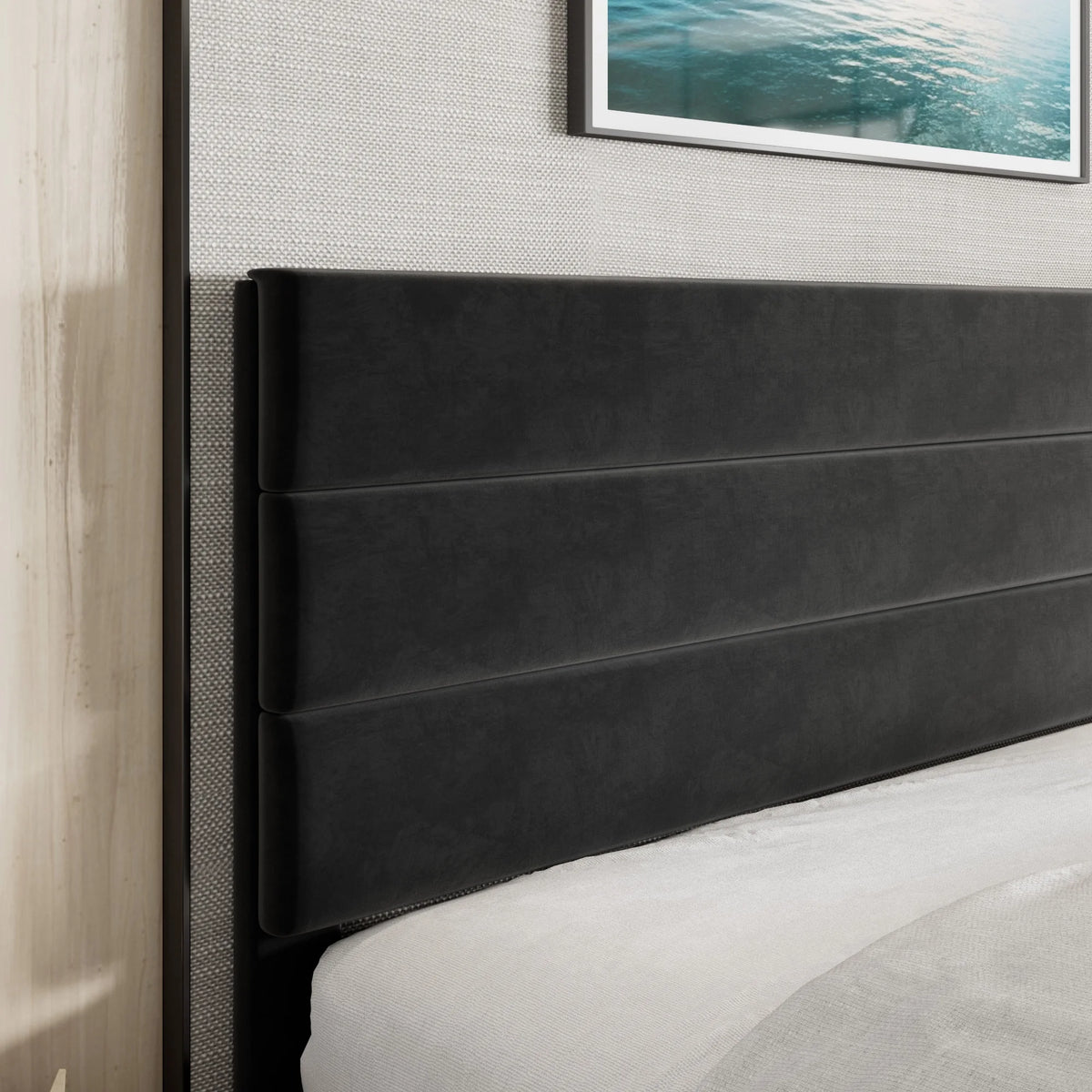 Full Size Platform Bed Frame with Upholstered Fabric Headboard F715534