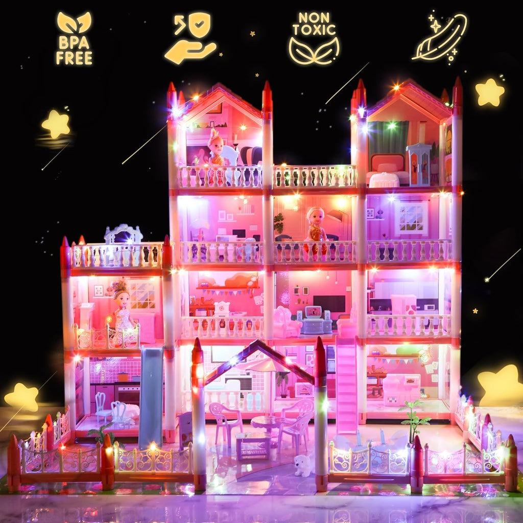 4-Story 15 Rooms Dollhouse with 3 Dolls, Lights, Furniture and Accessories A205280