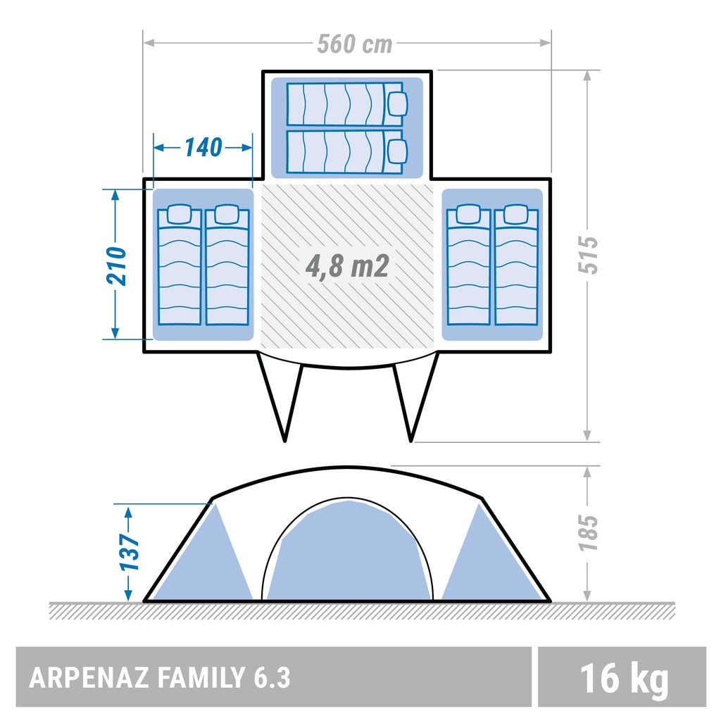 6 Persons 3 Rooms Arched Camping Tent in Blue Y650