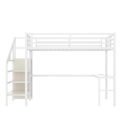 Queen Size White Wood Grain Metal Loft Bed with Desk and Wardrobe D574078