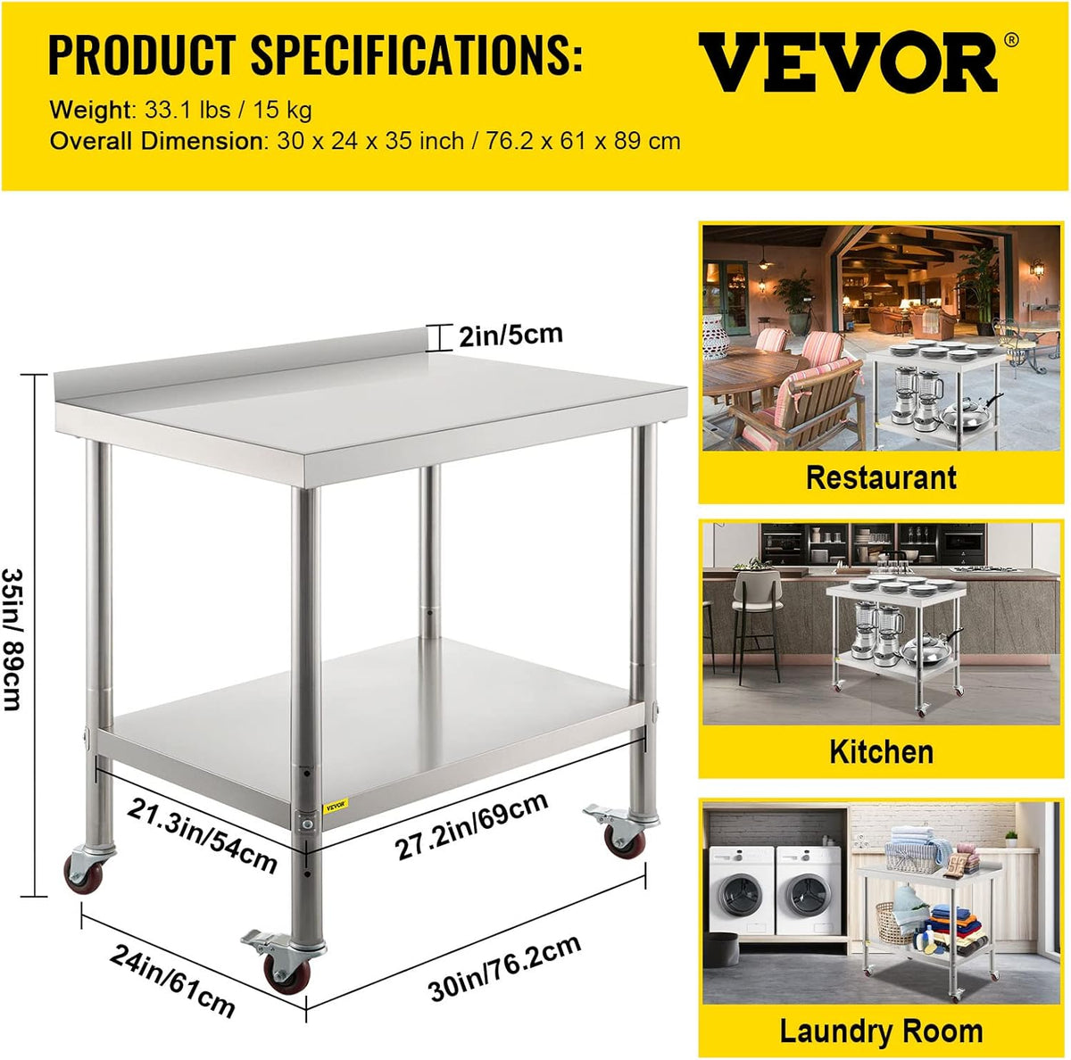 Stainless Steel Prep Table, 30 x 24 x 35 Inch, 440lbs Load Capacity, with Backsplash, Adjustable Undershelf & 4 Casters I8110