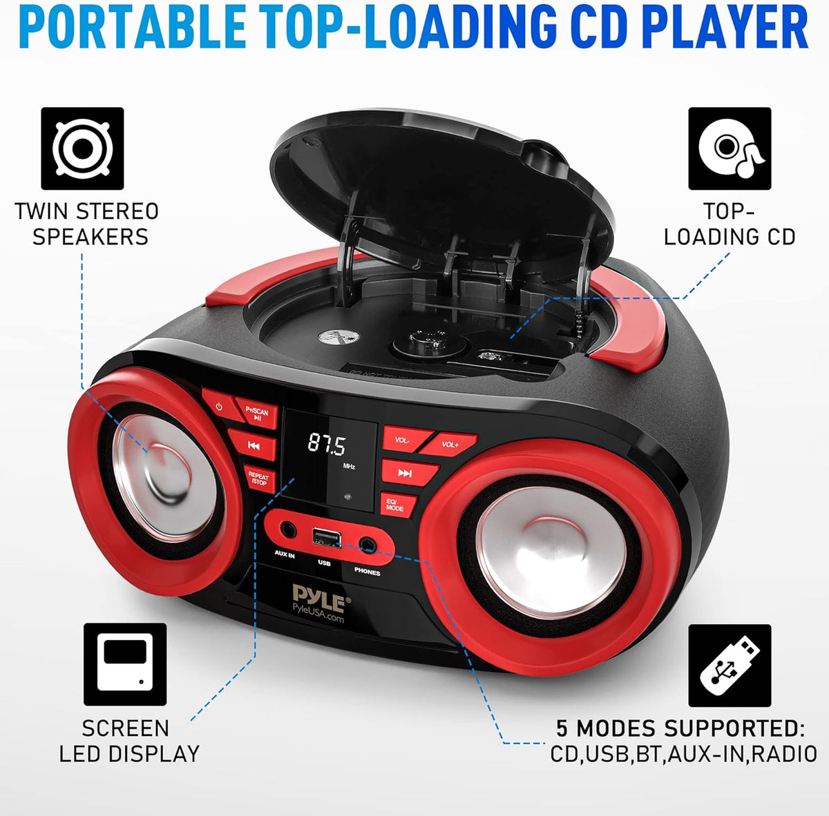 Red Black Portable CD Player Bluetooth Boombox Speaker W113726