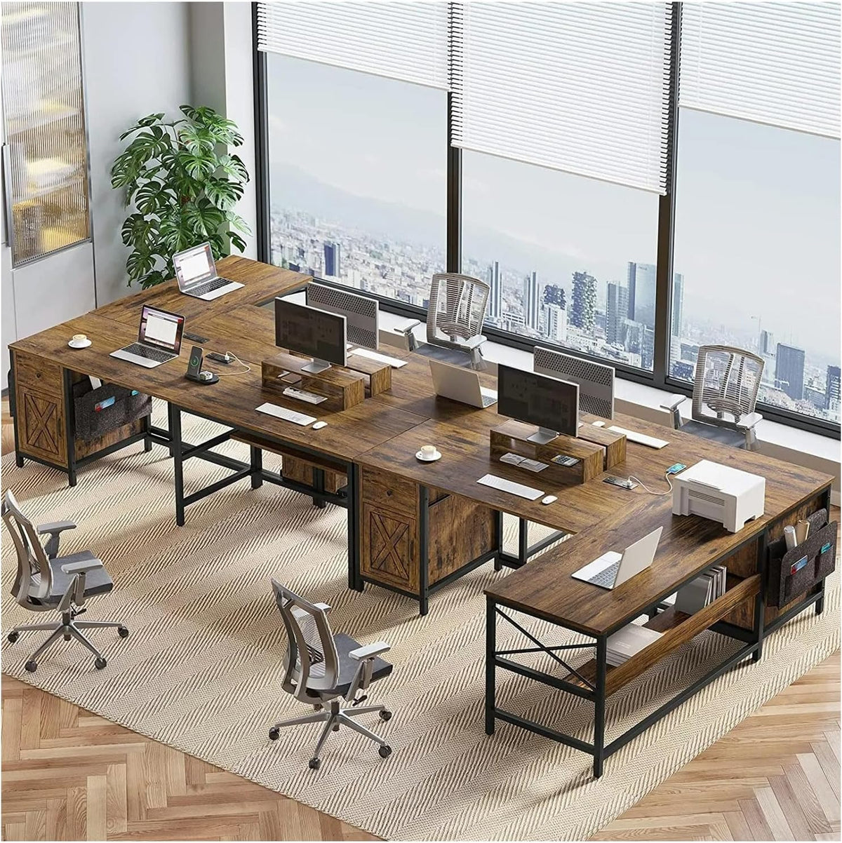 Rustic Brown L Shaped Computer Desk with Monitor Stand Storage Drawer Metal Wood 86.6”L x 19.7”W x 30”H H443