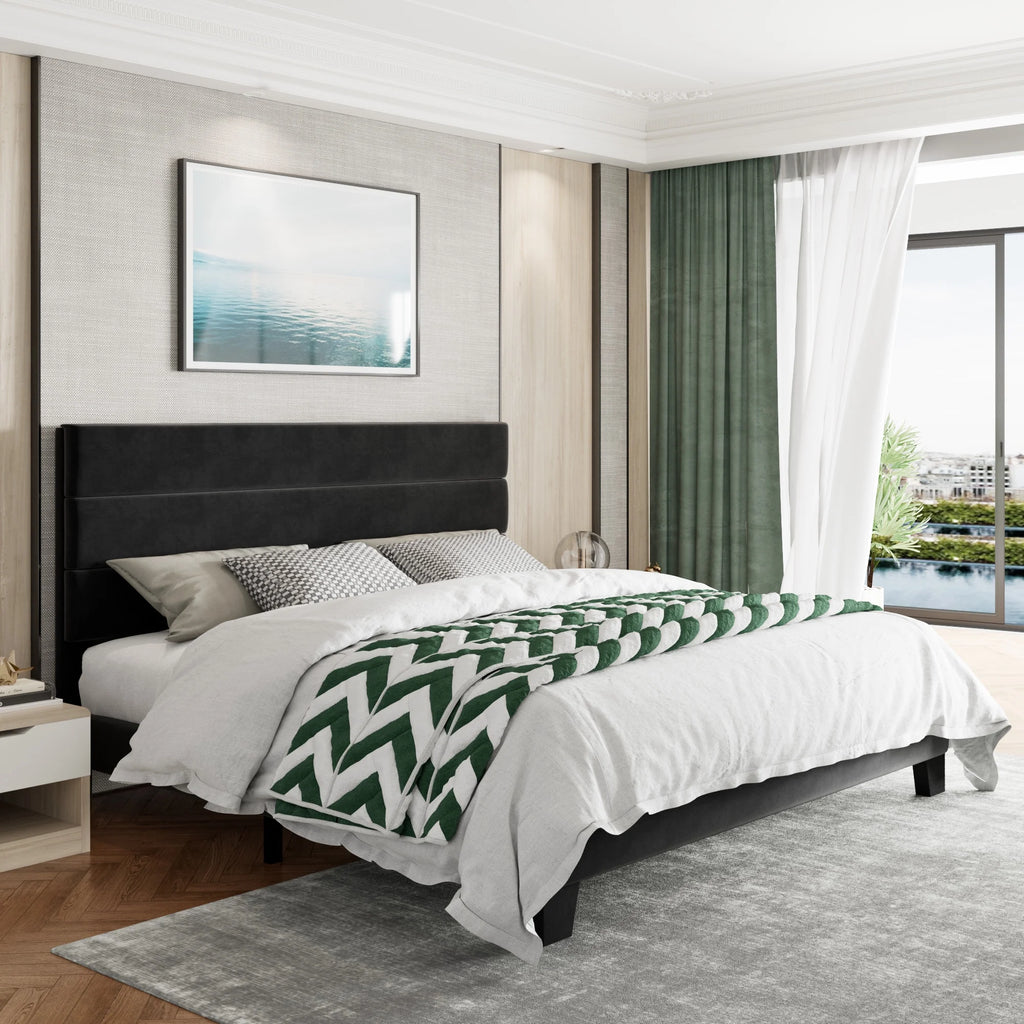 Full Size Platform Bed Frame with Upholstered Fabric Headboard F715534