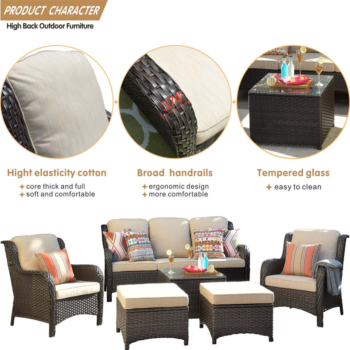 6 Pieces Wicker Outdoor Patio Furniture Set with Cushions P58548