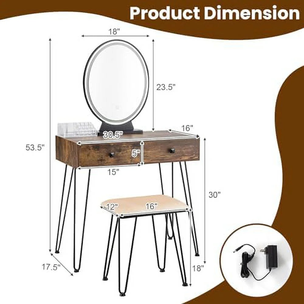 Vanity Desk with Mirror and Lights Makeup Dressing Table Set with Stool Q418344