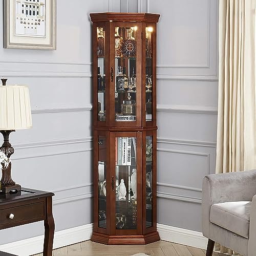 Walnut Wooden Corner Curio Cabinet with Adjustable Tempered Glass Shelves H143008
