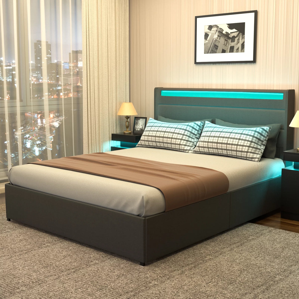 Queen Size Upholstered Platform Bed Frame with 4 Storage Drawers J712500