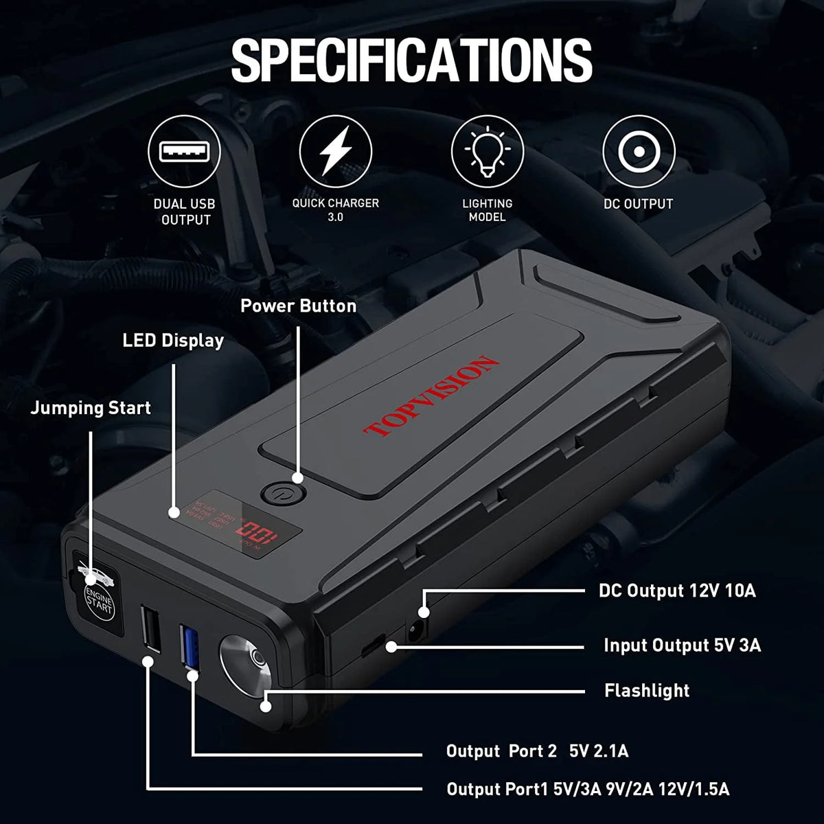 12V Car Jump Starter with Dual USB Quick Charge and DC Output C906