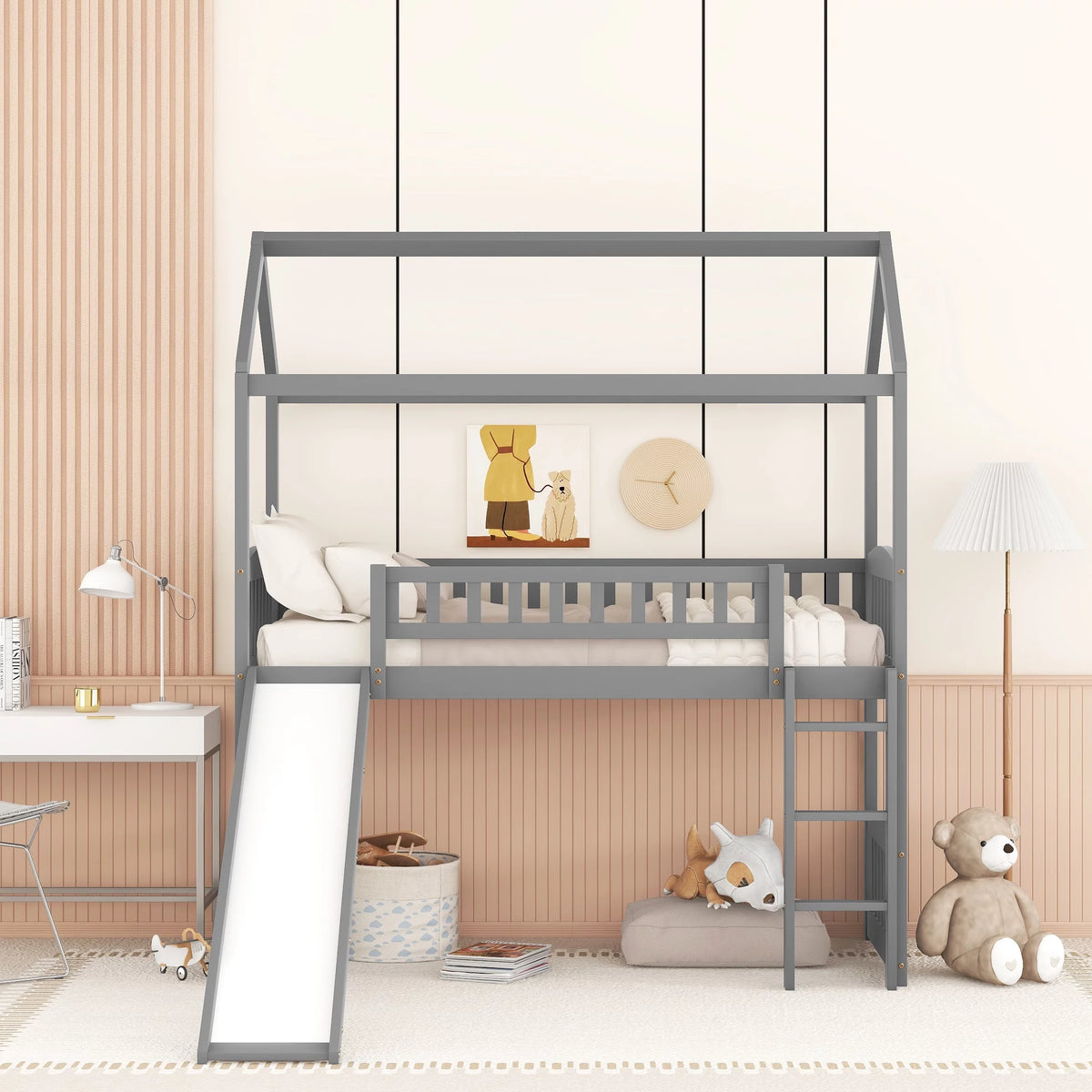 Gray Twin Wood Loft Bed with Slide and Ladder Y4942