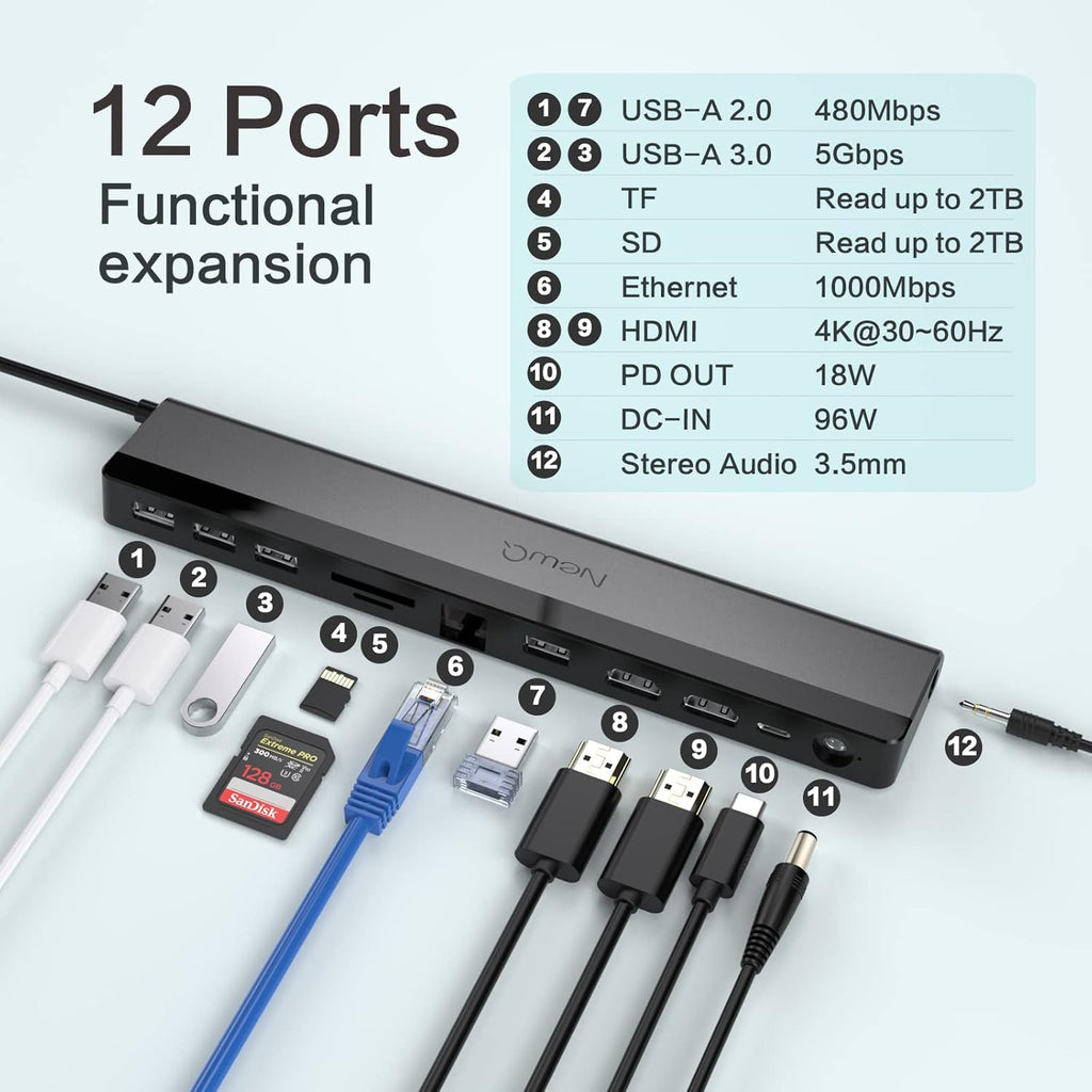 12 in 1 USB C Laptop Docking Station with Dual HDMI 4K, 96W Power, 4 USB, Audio, Ethernet, SD/TF Reader, USB-C, 2 Cable Clips S917066