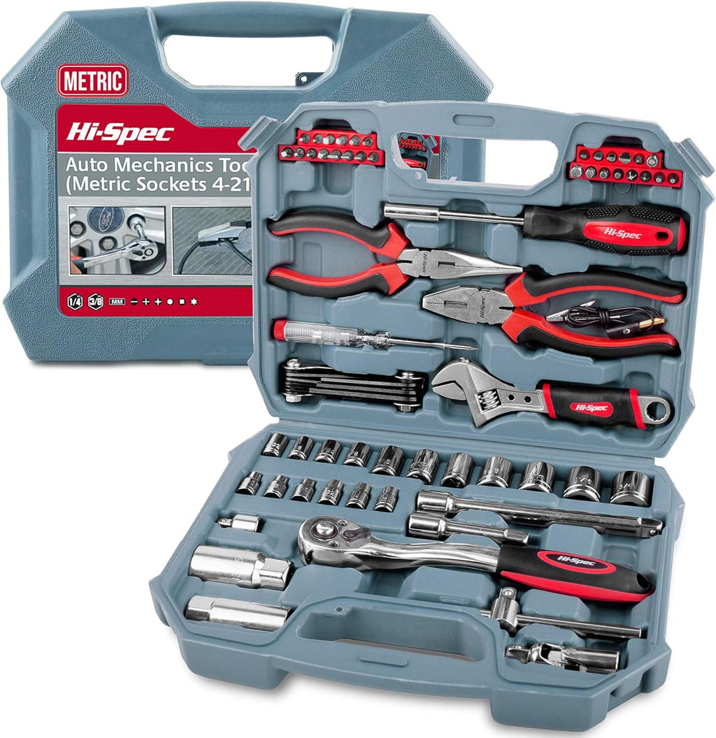 67 Piece Auto Mechanics Tool Kit with Metric Sockets, Ratchet Set & Tool Box E76659