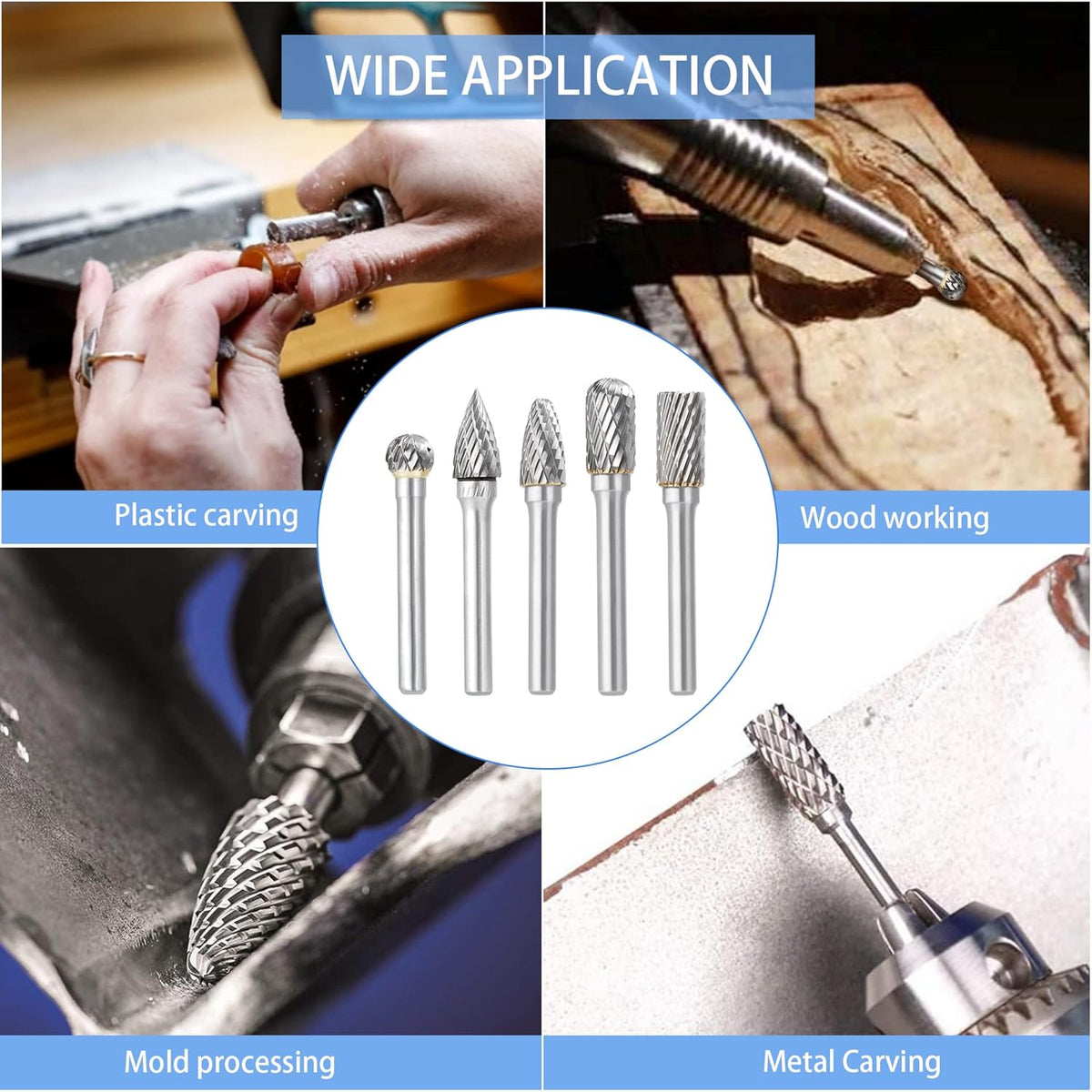 Double Cut Carbide Burr Set, 1/4 Inch Shank, 10MM Head, Solid Carbide Rotary Burr File Set, Pack of 2 F51897